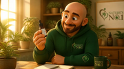 Man in a green hoodie brand logo reading Nature's No.1 sits at a desk, holding a bottle labeled CBD oil and smiling at it.