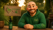 Cartoon mascot in a green hoodie sits at a wooden table with a Nature's No.1 CBD oil bottle; sign with the logo appears in the background.