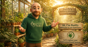 Friendly cartoon man in a green hoodie welcomes you to Buddy's Wellbeing Sanctuary, promoting a cannabis education space.