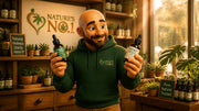 Buddy comparing Hemp Seed Oil and CBD Oil in a sunlit wellness shop