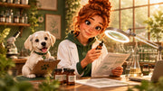 Mary-Jane in a cosy laboratory examining an amber sample vial and lab report, with Ivy beside her