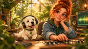 Mary-Jane gently turns down a mixing desk volume knob in a cosy garden studio as Ivy listens in tiny headphones