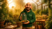 Buddy holding an aroma jar filled with botanical ingredients and colourful terpene-inspired molecules in a warm botanical gla