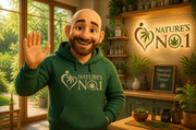Friendly cartoon man in a green hoodie waves hello in a plant-filled showroom with Nature's No.1 branding nearby.