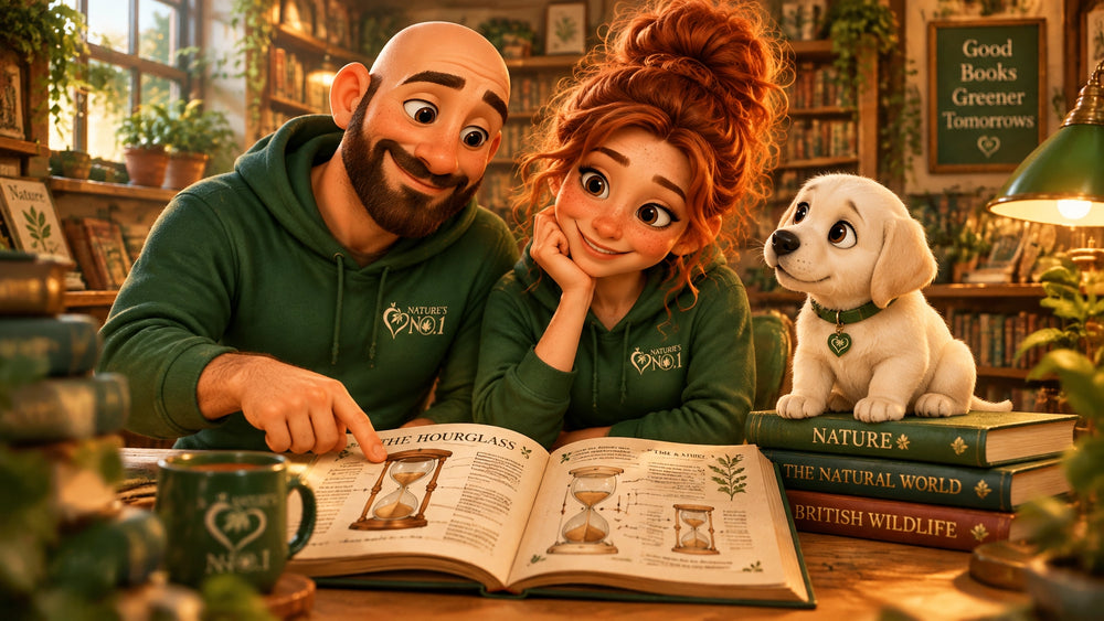 Buddy, Mary-Jane and Ivy exploring an hourglass illustration together in a cosy old bookshop