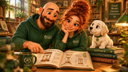 Buddy, Mary-Jane and Ivy exploring an hourglass illustration together in a cosy old bookshop