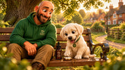 Buddy and Ivy checking the time together on a sunny village park bench