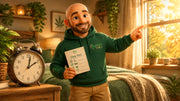 Buddy standing beside an autumn clock in a cosy, plant-filled bedroom while pointing towards warm morning light