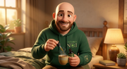 Animated man in a green hoodie sits on a bed, using a dropper to add oil from a bottle into a mug, in a cozy bedroom.