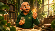 Animated Buddy exploring an amber botanical vial in a warm, leafy study