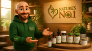 Animated spokesperson in a green hoodie presents Nature's No.1 CBD oil and related products on a round wooden display table with a shop sign in the background.