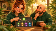 Mary-Jane and Buddy explore a branching cannabinoid pathway in a warm, animated botanical study