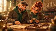 Mary-Jane and Buddy as friendly Victorian-era scholars examining an ancient scroll and hemp rope in a warm, museum-style arch
