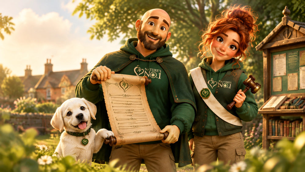 Buddy reads a parchment scroll on a village green with Ivy and Mary-Jane, in a warm animated scene about learning the rules