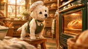 Ivy, a cream-white Labrador puppy in a tiny baker’s hat and green apron, watches a golden loaf through the oven glass in a co