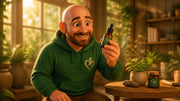 Buddy in a sunny room examining a premium CBD bottle with a seal-of-approval symbol