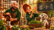 Buddy, Mary-Jane and Ivy in a warm copper-and-glass workshop, exploring the steps involved in making CBD oil